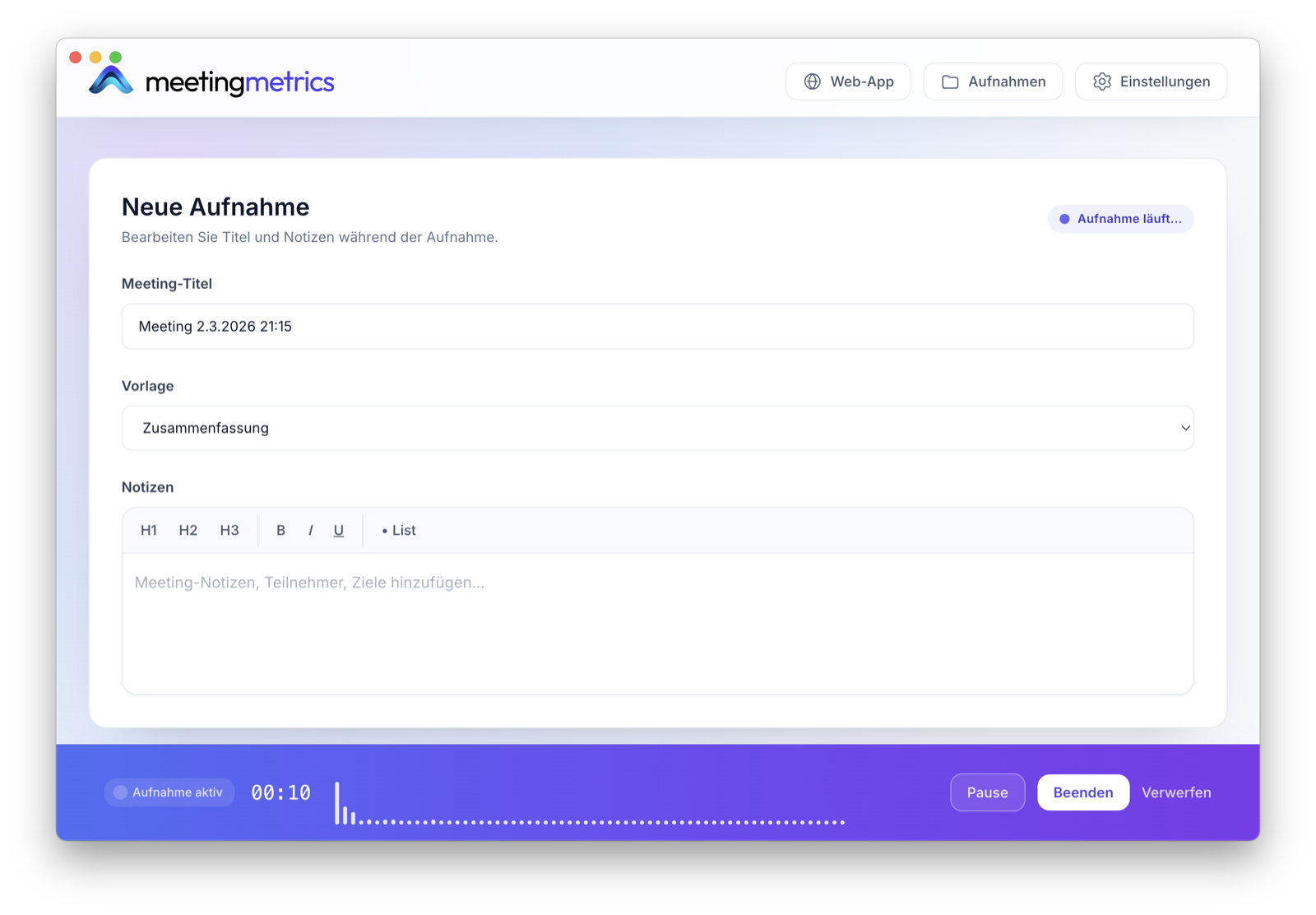 Meeting Metrics desktop app during a recording