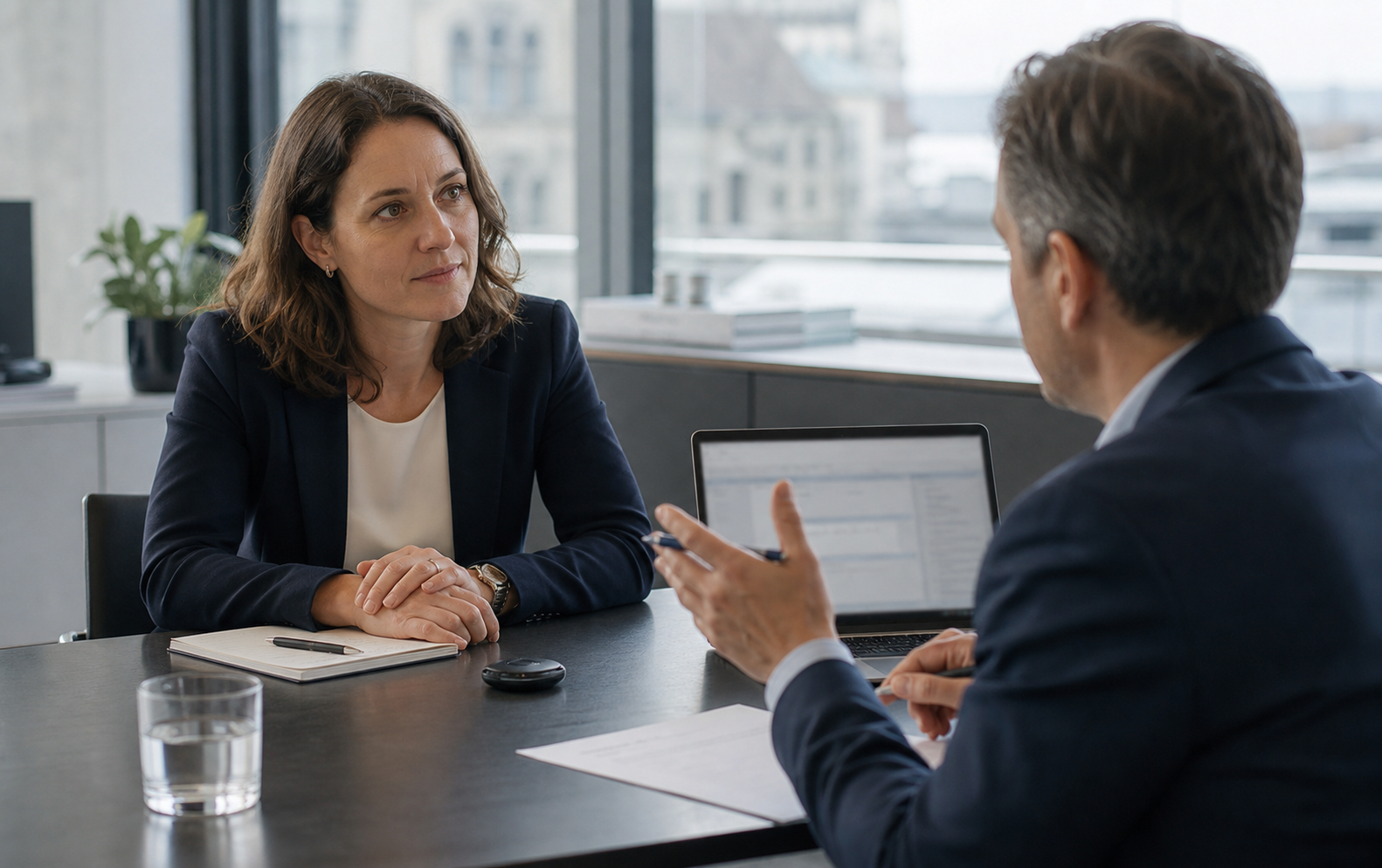 Vertrauliches Beratungsgespräch am Besprechungstisch mit Aufnahmegerät