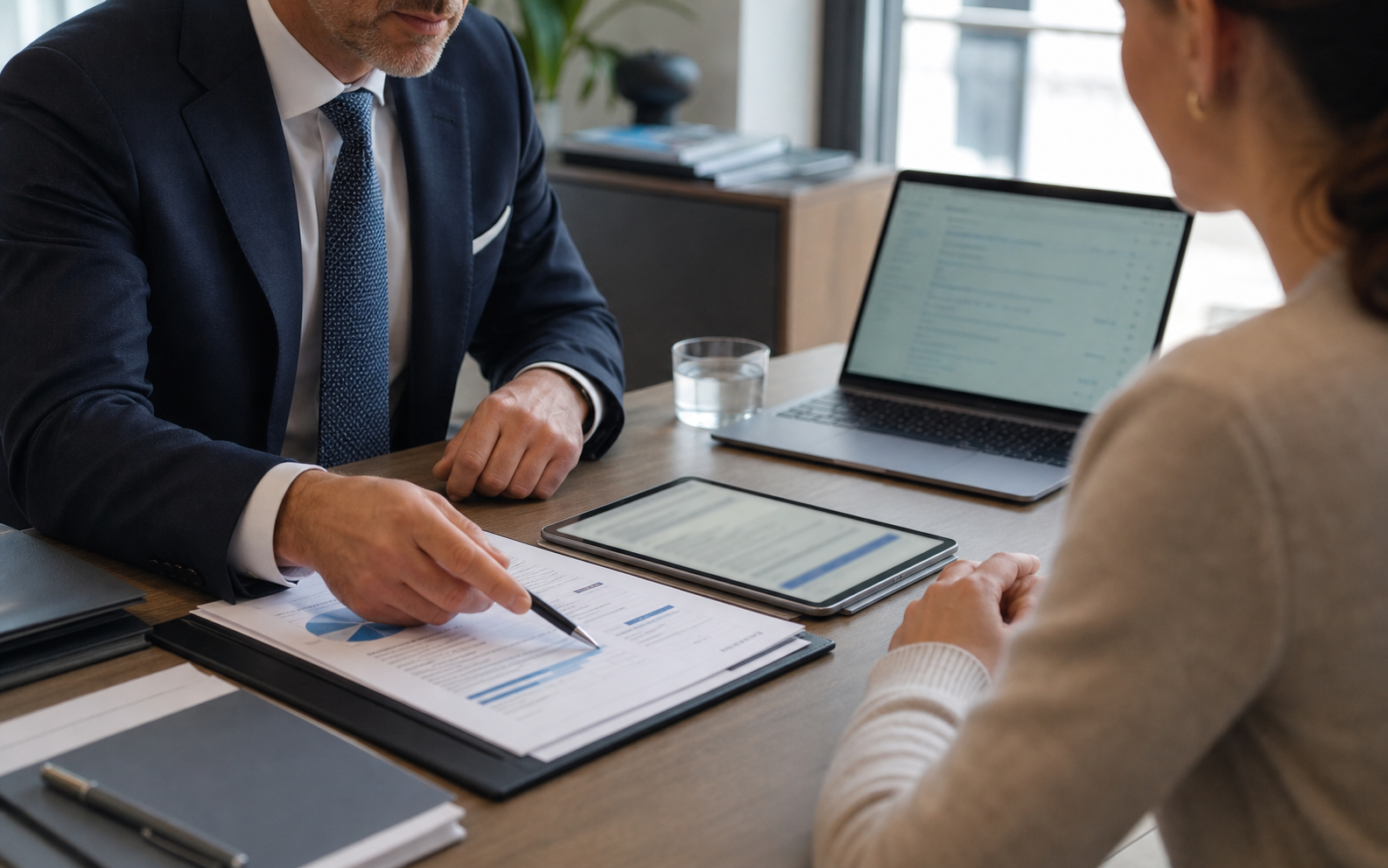 Advisory meeting at a table with documents and a recording running
