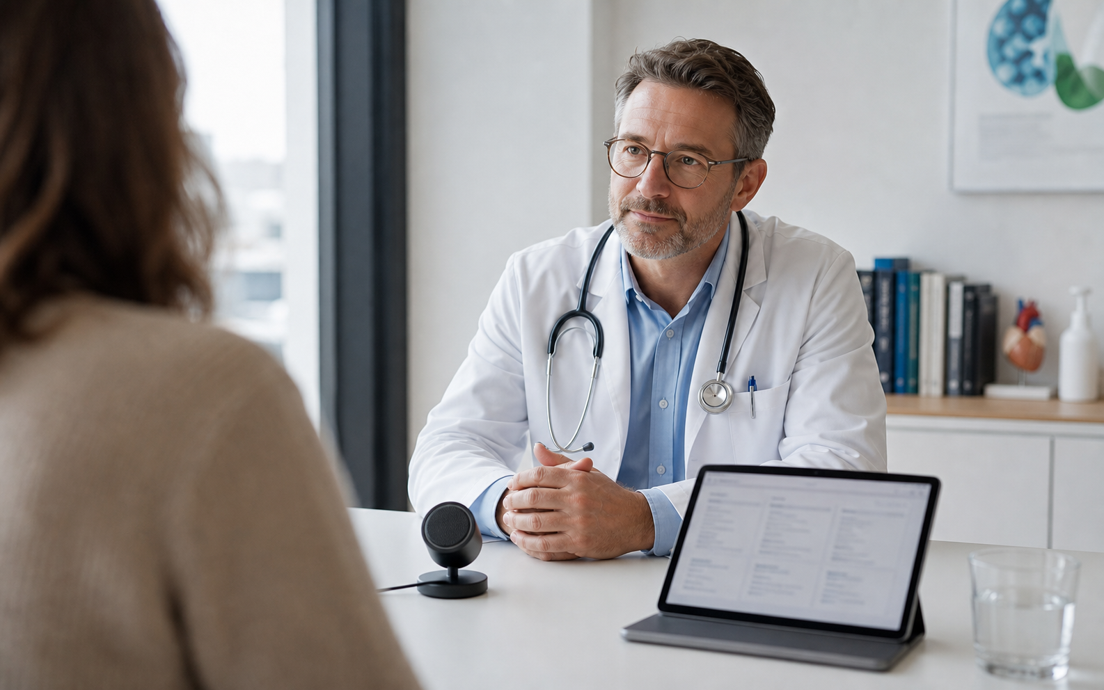 Medical conversation with a discreet recording device on the table