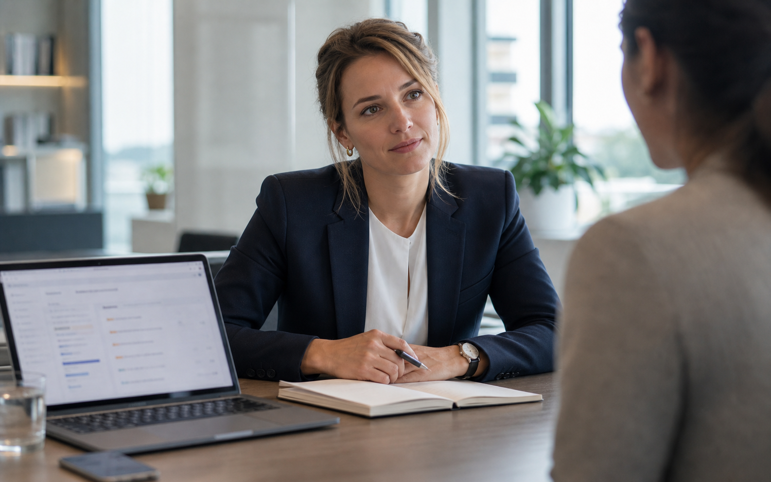 Sales rep and customer talking at a meeting table