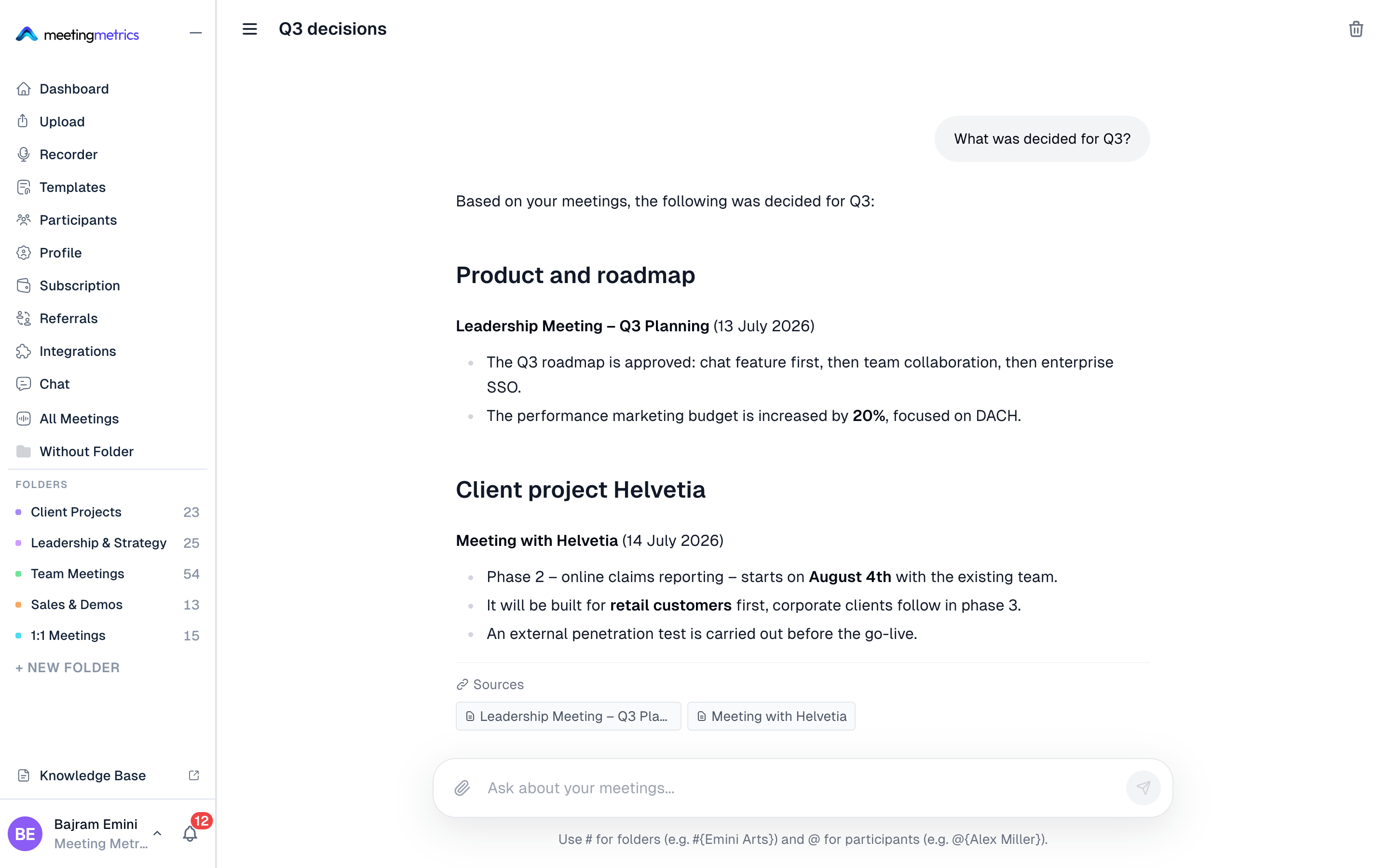 Chat with your own meetings: a question with answer and source references