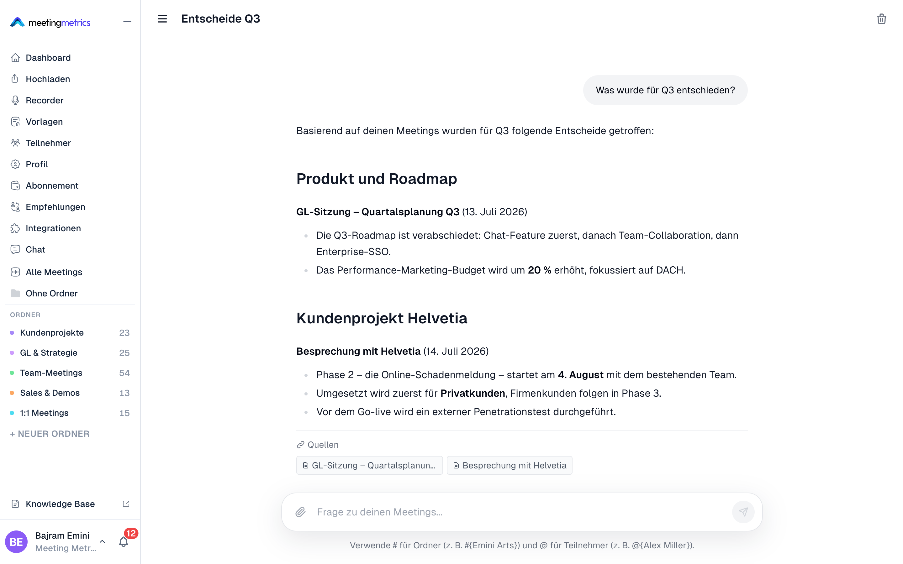 Chat mit den eigenen Meetings: Frage mit Antwort und Quellenangaben