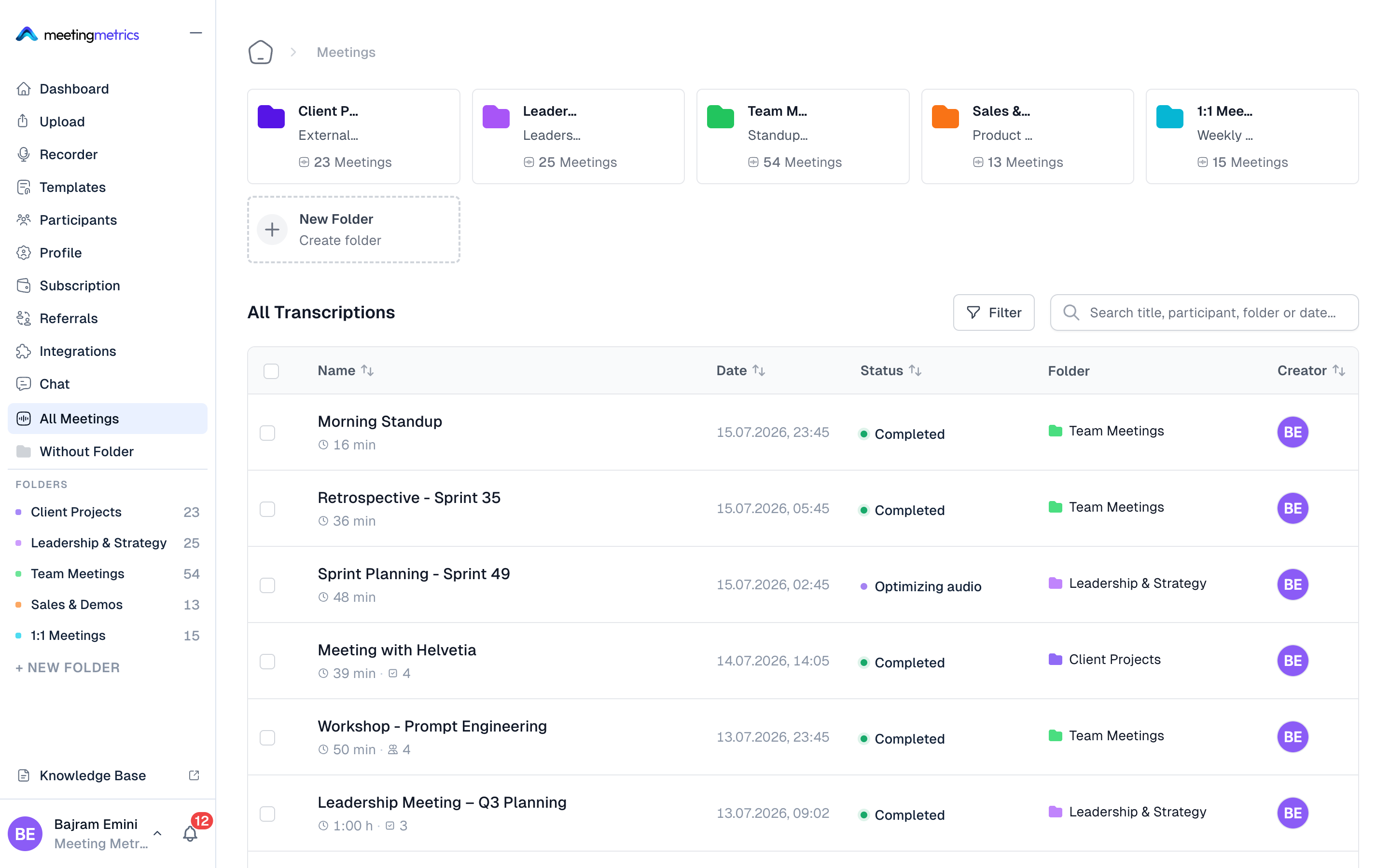 Overview of all meeting transcriptions with status and tags