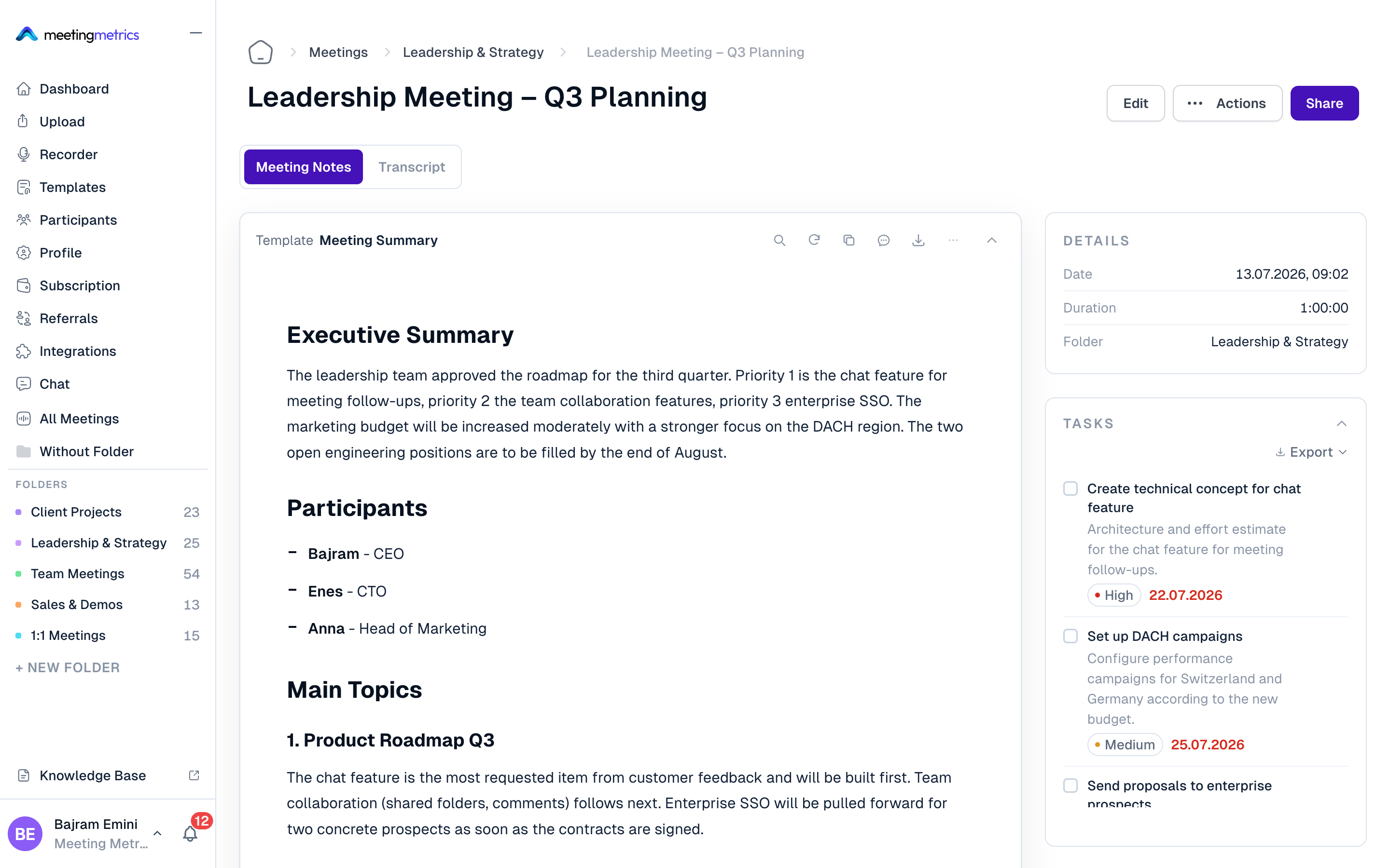Meeting Metrics app showing a finished meeting summary with automatically detected tasks