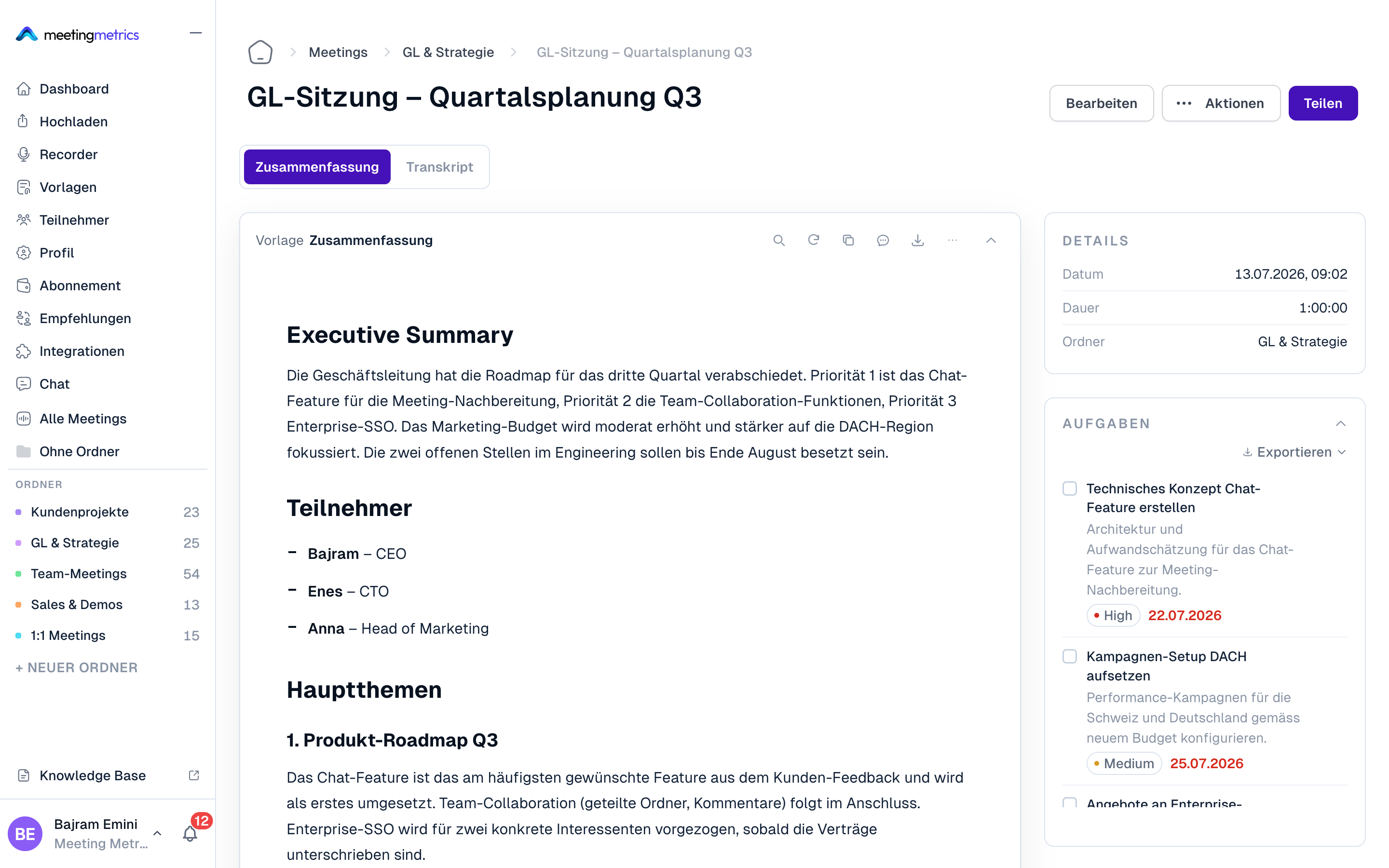 Meeting Metrics App mit einer fertigen Meeting-Zusammenfassung und automatisch erkannten Aufgaben