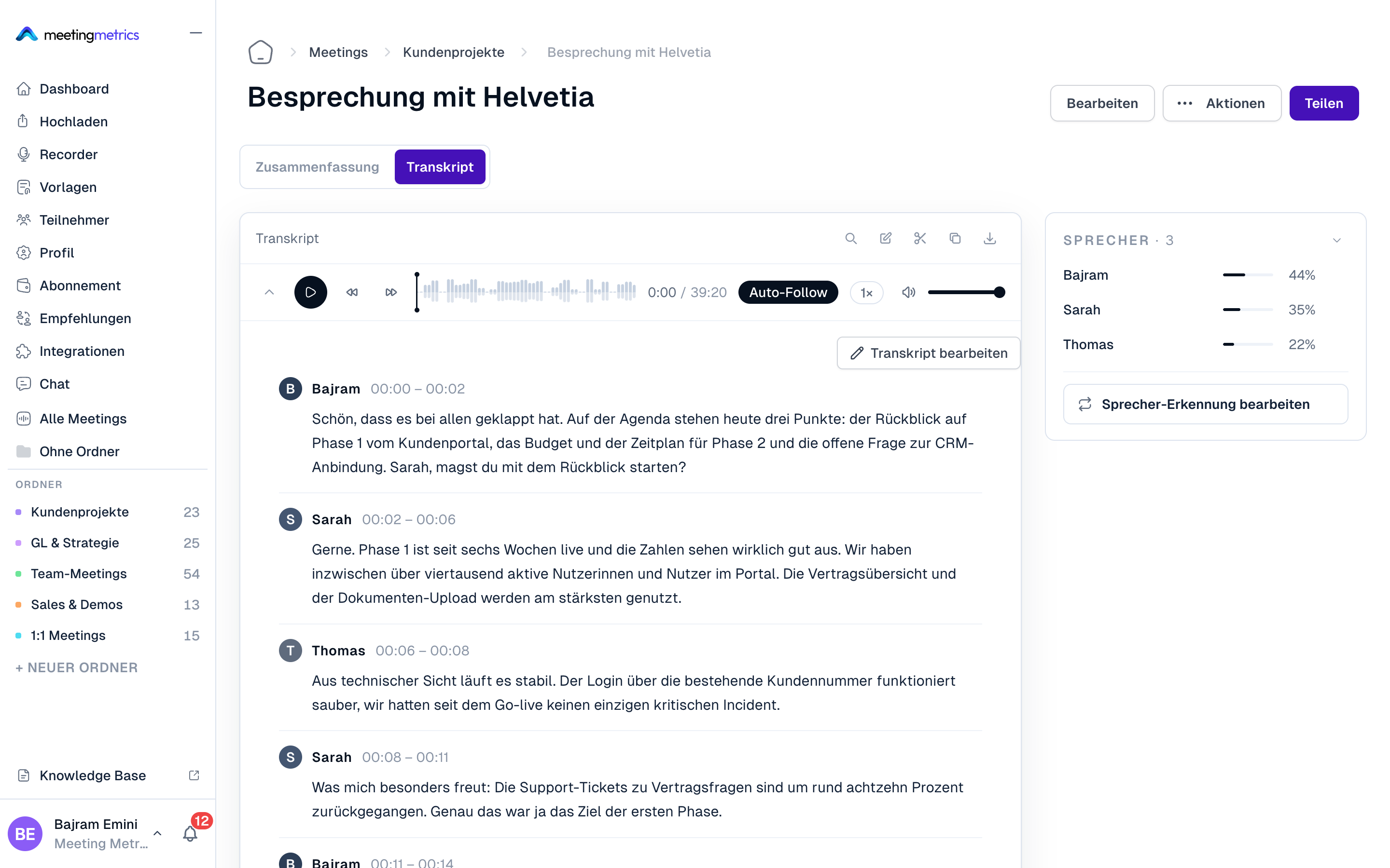 Transkript mit Sprechererkennung, Zeitstempeln und Audio-Player