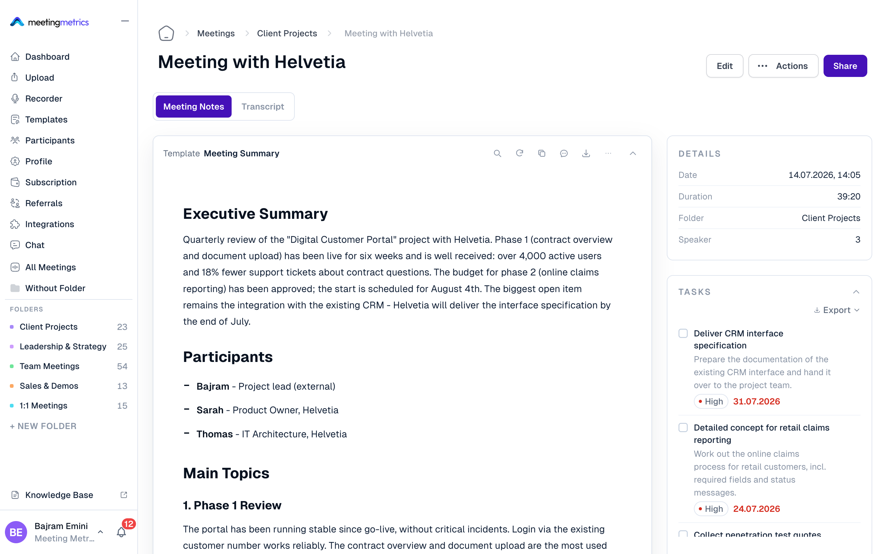 Analysis of a meeting with automatically detected tasks