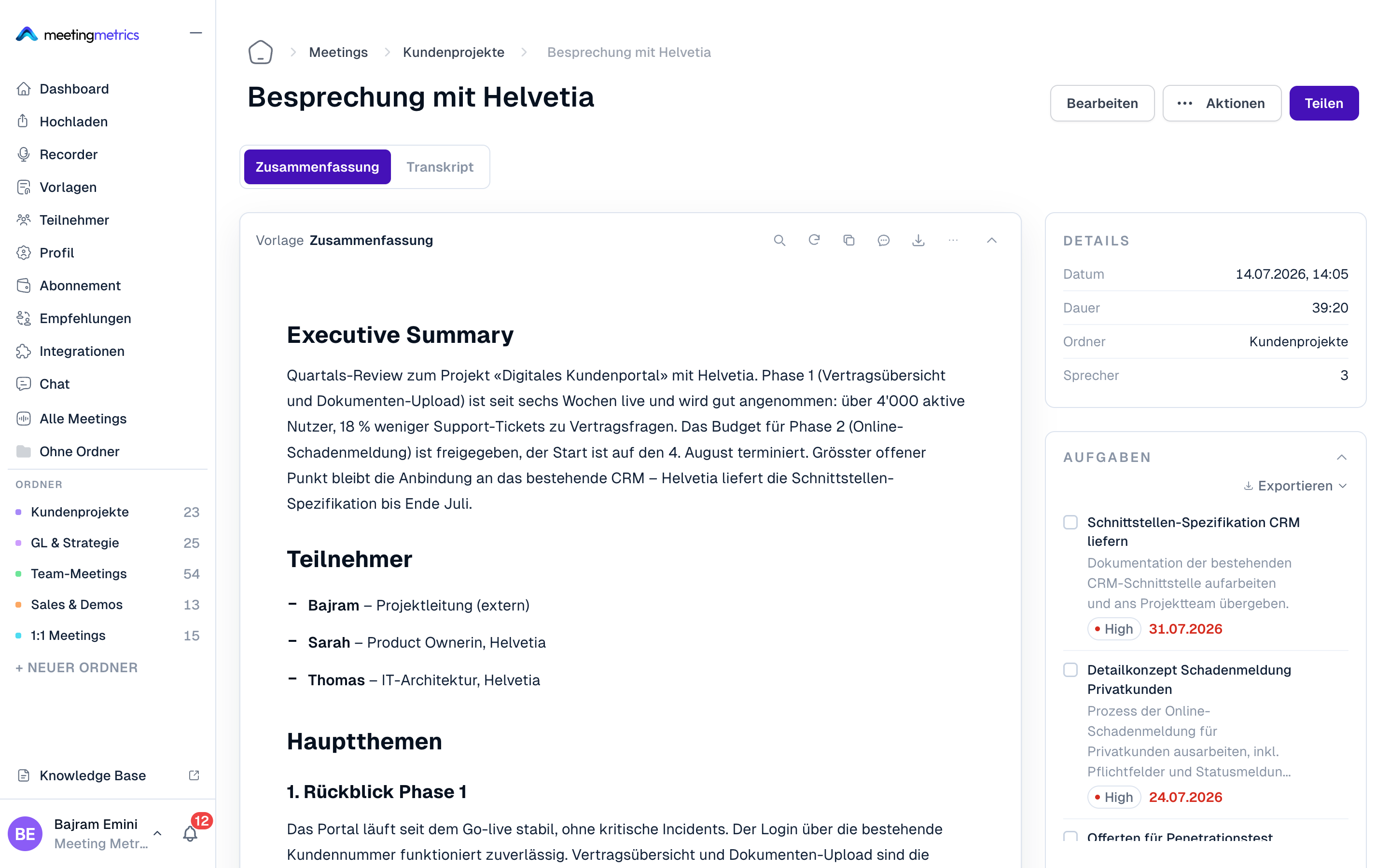 Auswertung eines Meetings mit automatisch erkannten Aufgaben