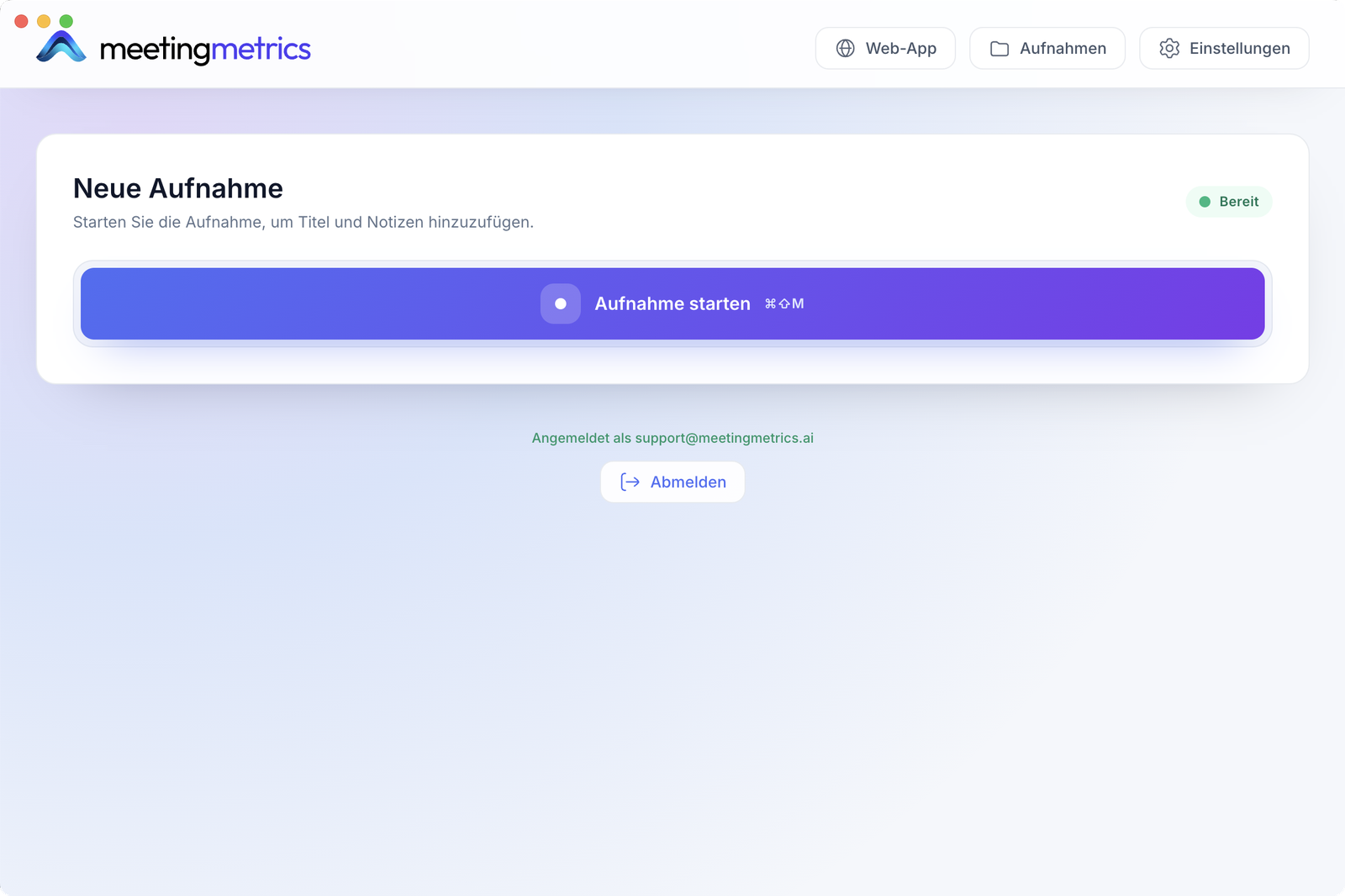 Meeting Metrics desktop app, ready to start a new recording
